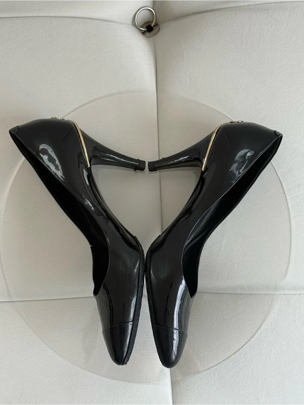 CHANEL Black Patent Leather Classic Gold Accent CC Pump Heels